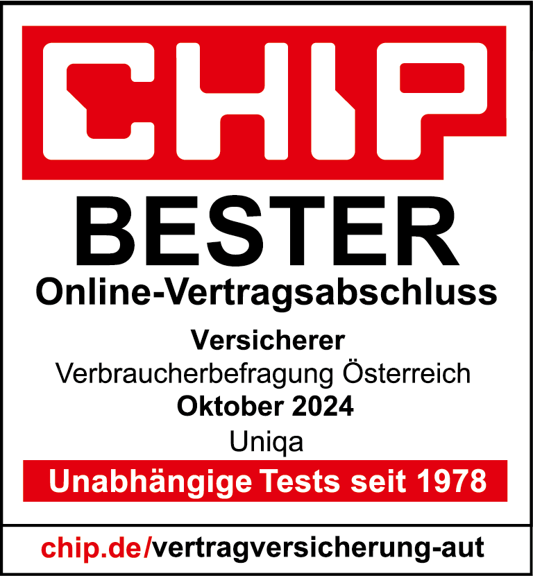 Gütesiegel CHIP mit rotem Logo und der Aufschrift: Bester Online-Vertragsabschluss -- Versicherer -- Verbraucherbefragung Österreich -- Oktober 2024 -- UNIQA.